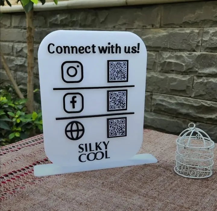 Acrylic Social Media QR Code Stand | Custom Instagram Facebook Website Display | Business Counter Desk Sign | SILKY COOL Branding