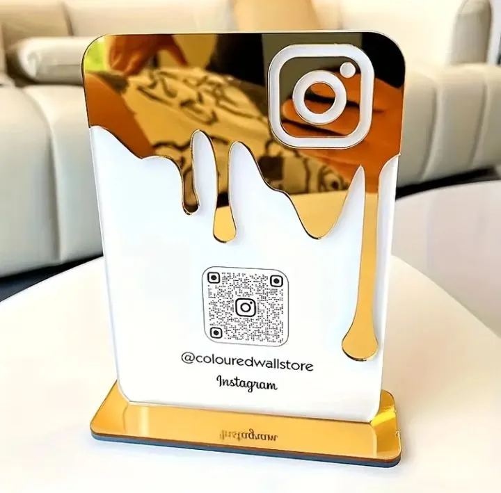 Custom Acrylic Gold Mirror QR Code Stand | Instagram Display Signage for Business & Shop Counter | Personalized Social Media Table Top Sign