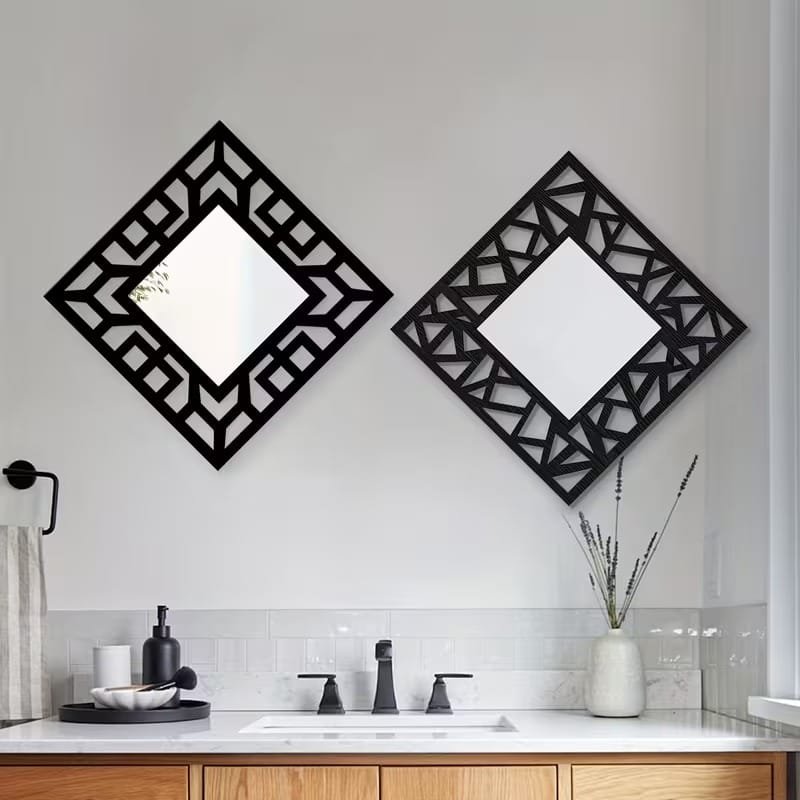Vintage Square Hollow Pattern Wall Mirrors with Wooden Frames